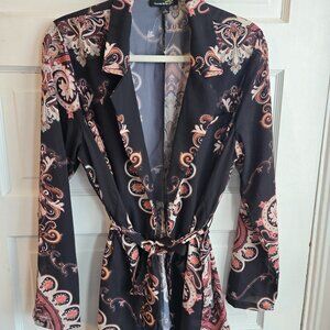 🌿 Suzanne Betro Black Paisley Boho Open Front Cardigan Jacket - Large